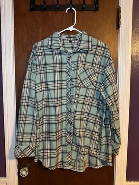 Women’s Oversized Light Teal Plaid Button-Up Shirt